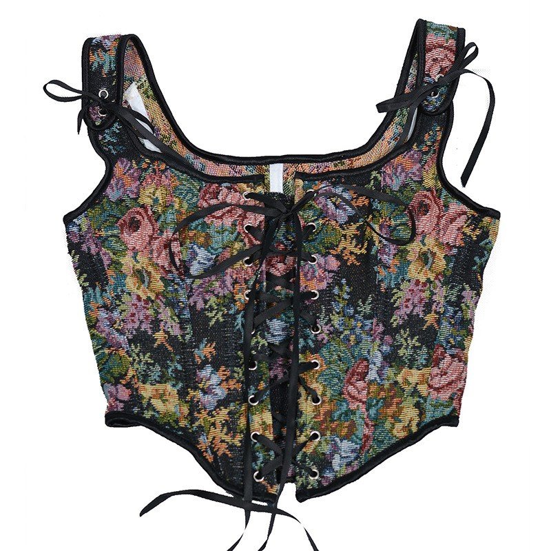 Vintage Kukkaprintti Korsettitoppi Musta Ylärintakorsetti Elegantti Viktoriaaninen Liivi