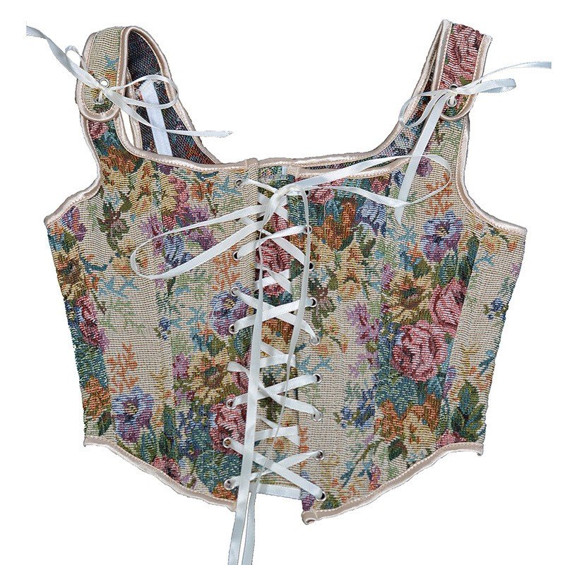 Vintage Kukkaprintti Korsettitoppi Valkoinen Ylärintakorsetti Elegantti Viktoriaaninen Liivi