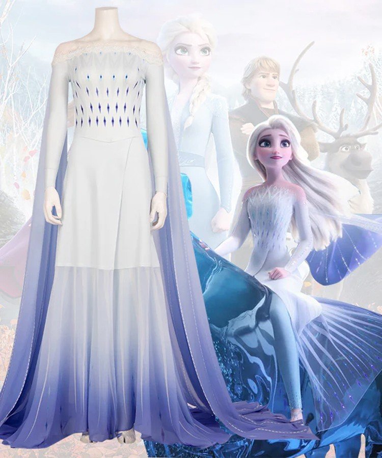 Deluxe Frozen 2 Prinsessamekko Elsa Asu Aikuiselle Sininen Valkoinen Cosplay Asu
