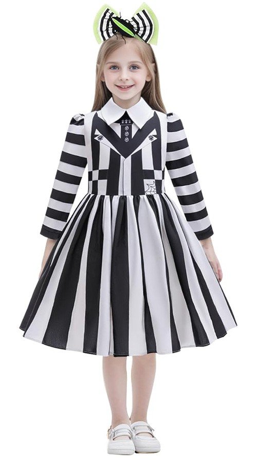 Beetlejuice Asu Tytöille Halloweenasut Mustavalkoinen Raidallinen Mekkoasu