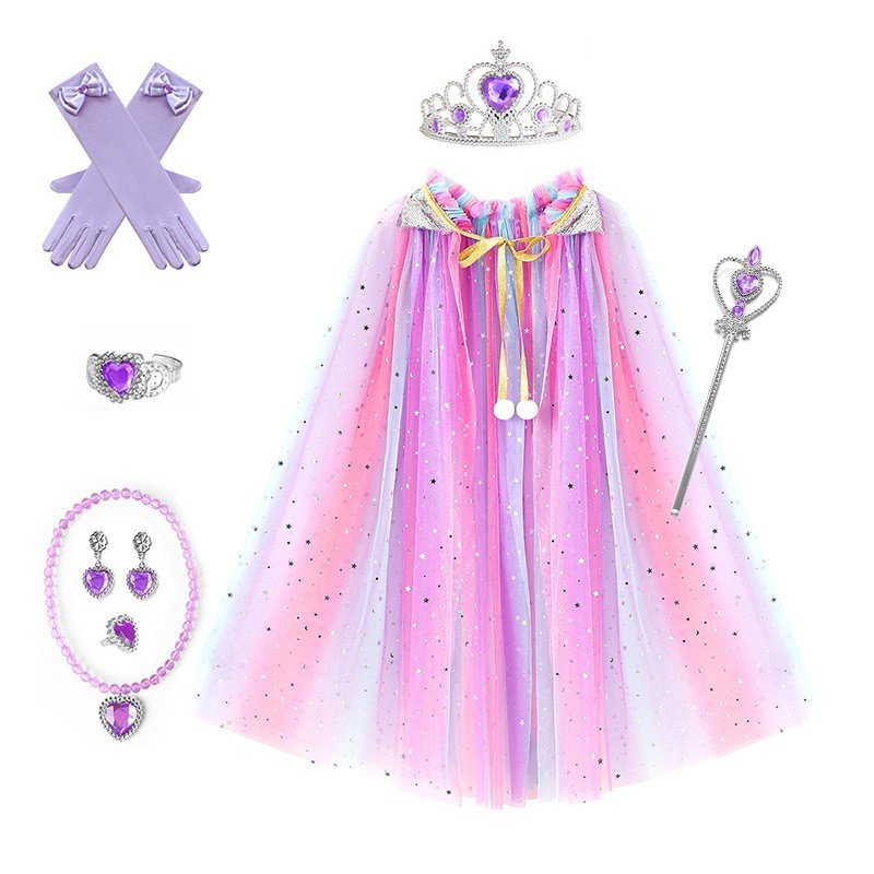 Lapsille Prinsessaviitta Värikäs Viitta Tytöille Violetti Lisävarustesetti Kruunun Taikasauvan Hanskat