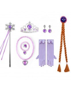 Lapsille Frozen Violetti Pinkki Tarvikesetti 9 Osaa Kruunun Taikasauva Kaulakoru Korvakorut Hanskat Peruukki